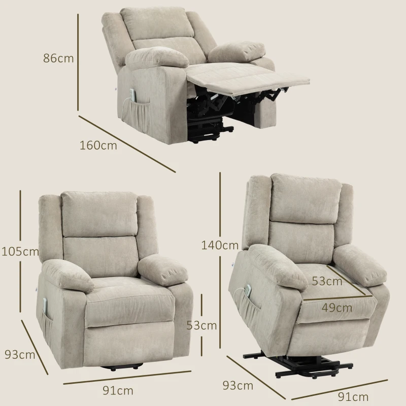 HOMCOM Relaxfauteuil met Opsta-assistentie, Verstelbare Hoofdsteun, Opklapbare Rugleuning, Gewatteerde Armleuningen, Lichtgrijs