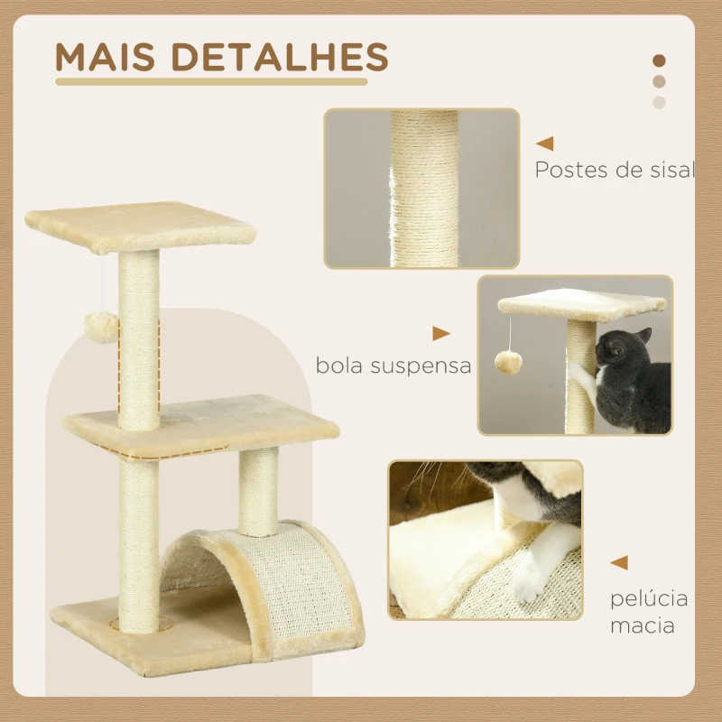 PawHut Arranhador para Gatos Médio de 3 Níveis  com Postes de Sisal Placa para Arranhar e Bola Suspensa 40x35x72 cm Creme