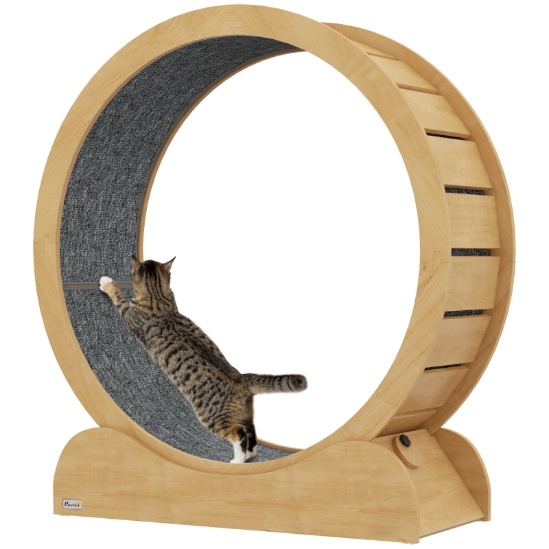 PawHut 39.4 Wooden Cat Running Wheel with Brake Natural Aosom Ireland
