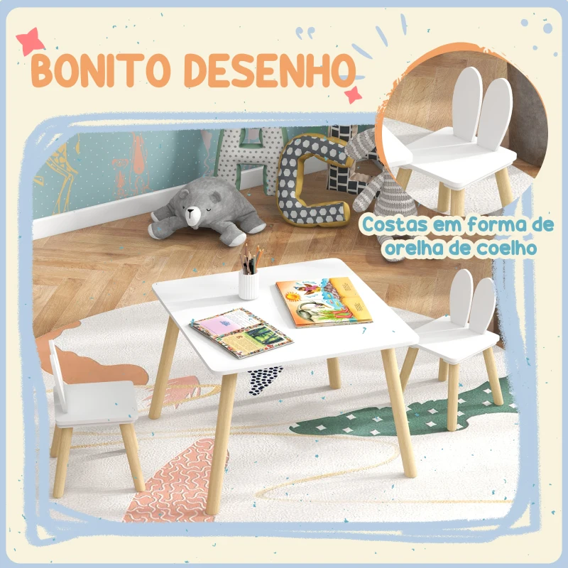 AIYAPLAY Mesa Infantil com Encosto de Cadeiras com Orelhas de Coelho Mesa Infantil para Sala de Jogos de Berçário Branca