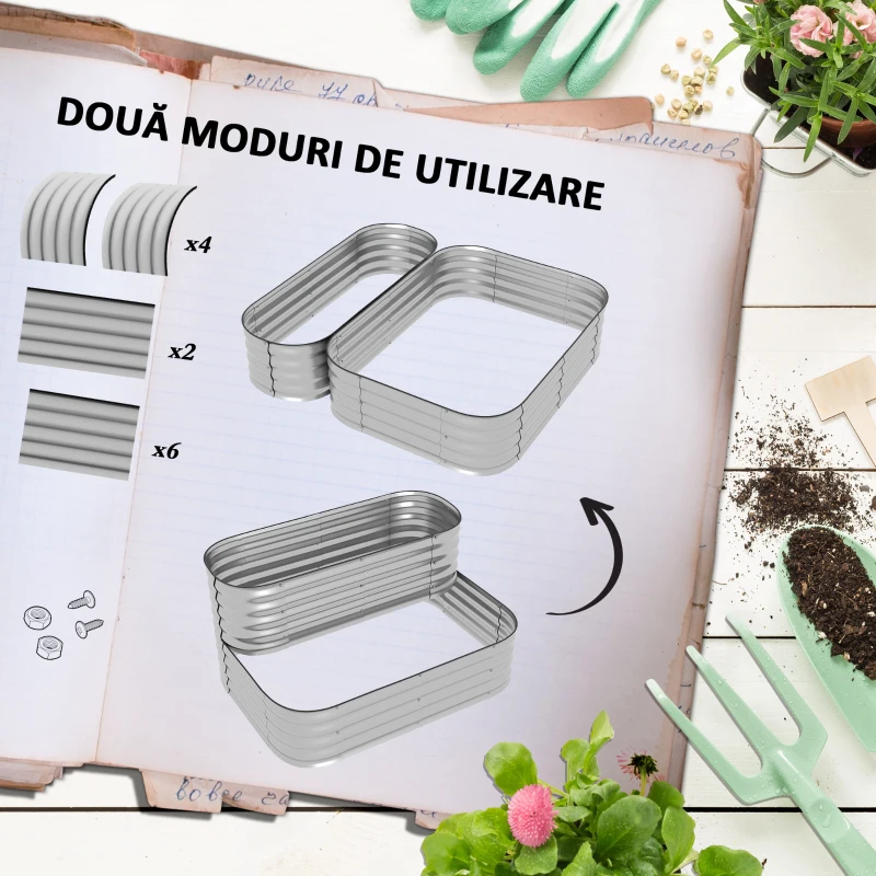 Outsunny Jardinieră de Grădină Înălțat cu 2 Niveluri, Jardinieră Galvanizată cu Margine de Siguranță, 120x90x30 cm, Argintiu