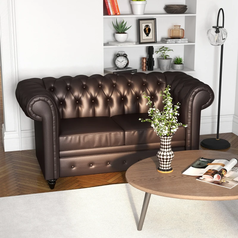 HOMCOM Divano 2 Posti stile Chesterfield con Cuscino Rimovibile, in Ecopelle, Legno e Metallo, 160x84x80 cm, Marrone