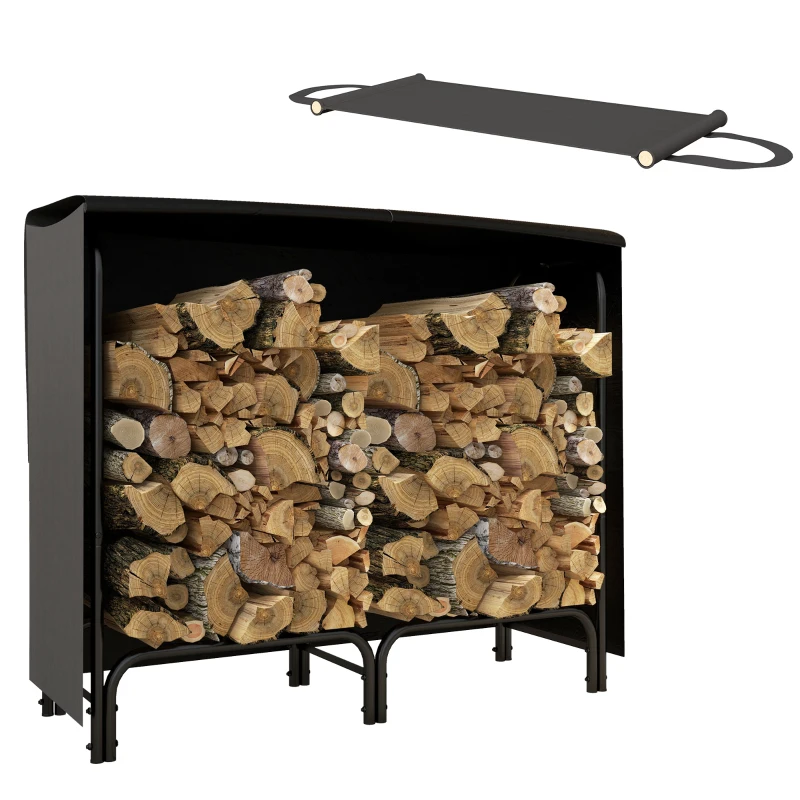 Outsunny Brandhoutrek, 0,33 m³, met Draagtas & Hoes, Metalen frame, tot 150 kg, 120 x 36 x 99 cm, Zwart(m-10)