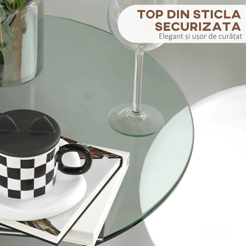 Homcom Masa Bistro Rotunda Bar – Blat Sticla Securizata Ø90 cm, Cadru Metalic Modern