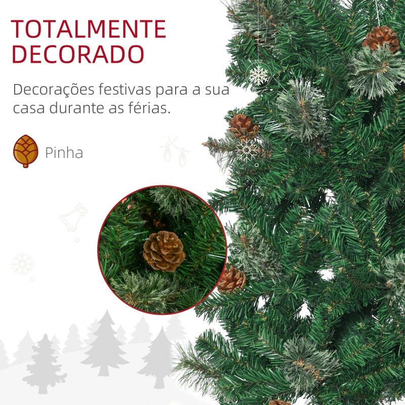 HOMCOM Árvore de Natal Artificial 195 cm Árvore de Natal com 556 Ramos Árvore de Natal Slim com 25 Pinhas Base Dobrável Ø54x195 cm Verde