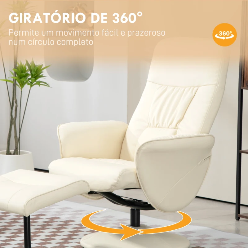 HOMCOM Poltrona Relax com Apoio para os Pés Estofada em PU  Reclinável até 145° e Giratório 360° com Encosto Ajustável 81x81x105cm Creme