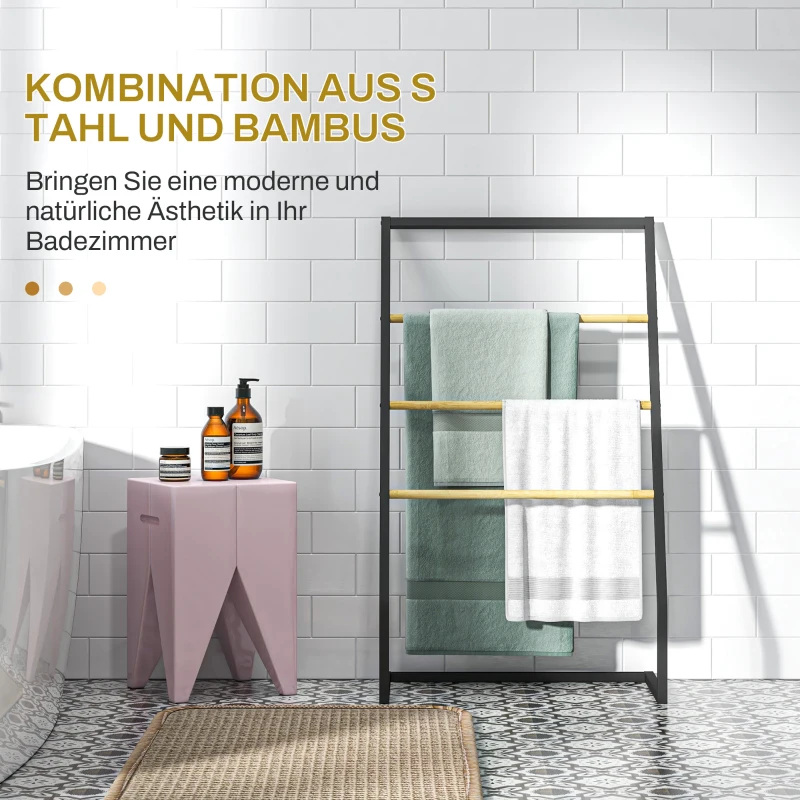 HOMCOM Stojak na ręczniki, wolnostojący, 4 pręty, 60x35x102cm, Czarny/Naturalne drewno