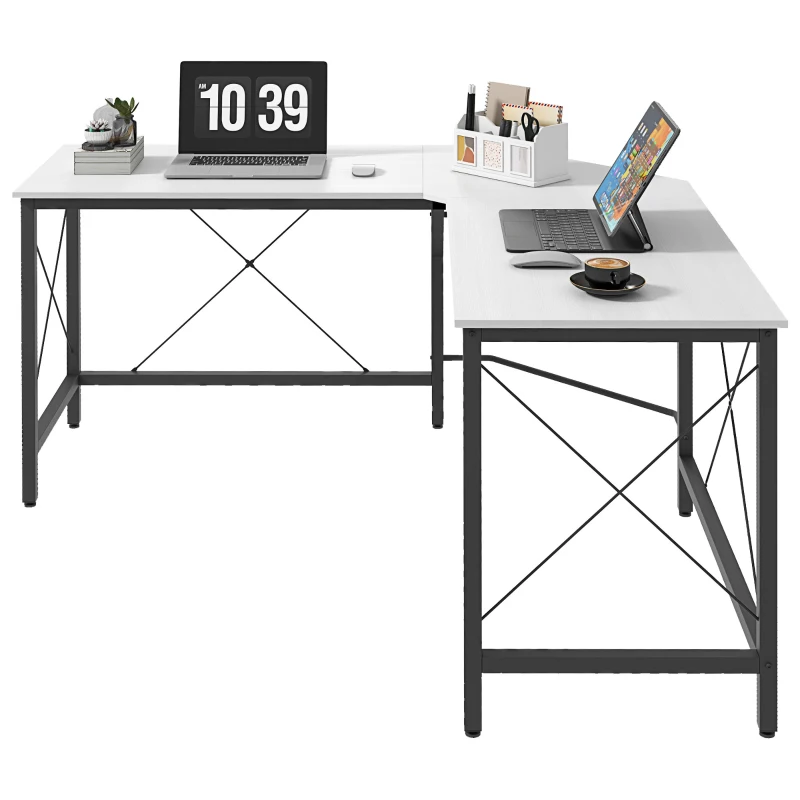 HOMCOM Secretária em Forma de L Secretária para Escritório com Estrutura de Metal Secretária de Canto 150x150x76 cm Branco e Preto
