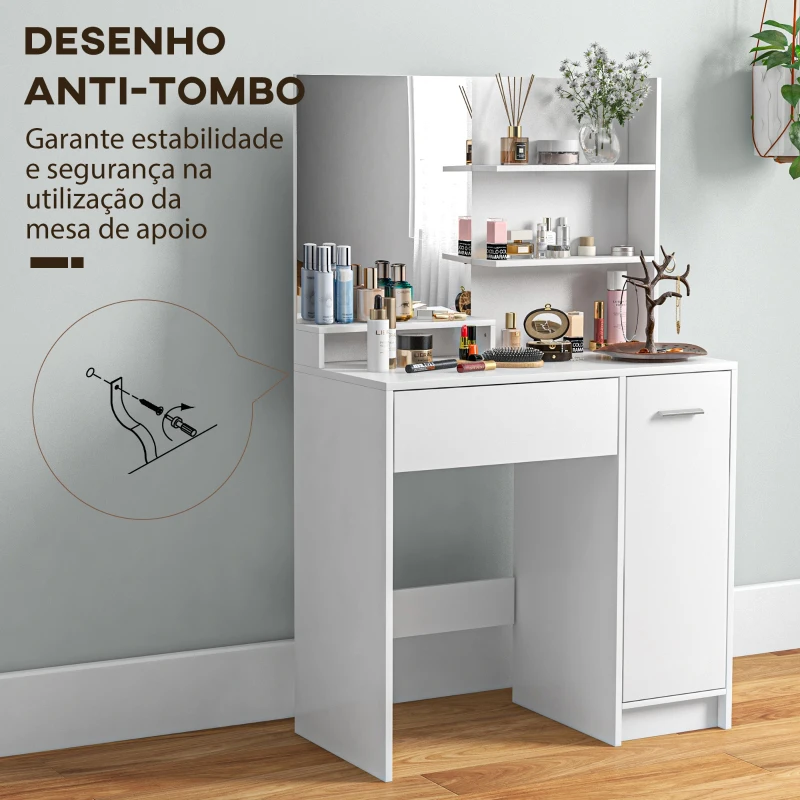 HOMCOM Toucador de Maquilhagem com Banco Mesa de Maquilhagem com Espelho Prateleiras e Gaveta 80x40x132 cm Branco e Bege