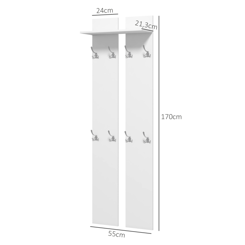 HOMCOM Móvel Cabide de Entrada de Parede Móvel de Entrada Moderno com 8 Ganchos e Prateleira  55x21,3x170 cm Branco