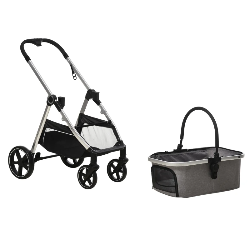 PawHut Hundebuggy Hundewagen bis 10 kg Klappbar Tragtasche Bodenkorb 83 cm x 58 cm x 102 cm, Hellgrau