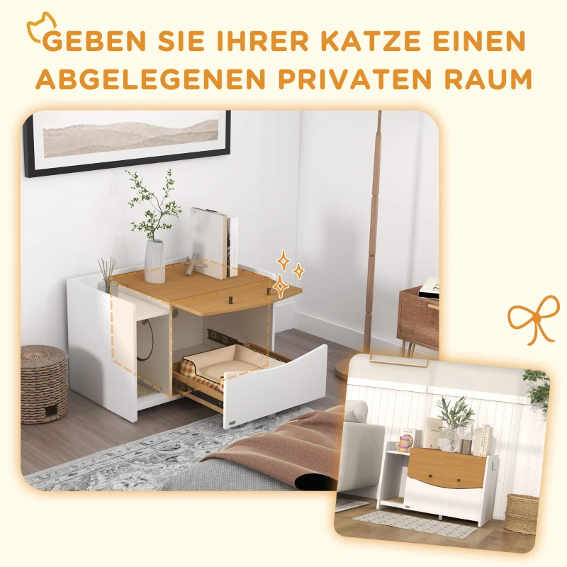 PawHut Kattenbak Kast, Uitschuifbaar, met Strooiselvak, 78x50x51cm, Eik/Wit(m-6)