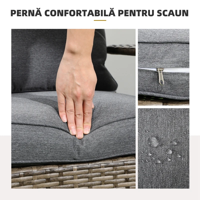 Outsunny Scaun de Grădină din Ratan, Scaun de Exterior cu Cotiere, Perne și Spătar Înalt Curbat, 64x80x90 cm, Gri