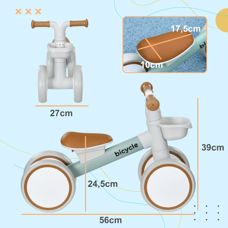 AIYAPLAY Bicicleta sem Pedais para Crianças de 12-36 Meses Bicicleta de Equilíbrio com Assento Ajustável 56x27x39 cm Verde