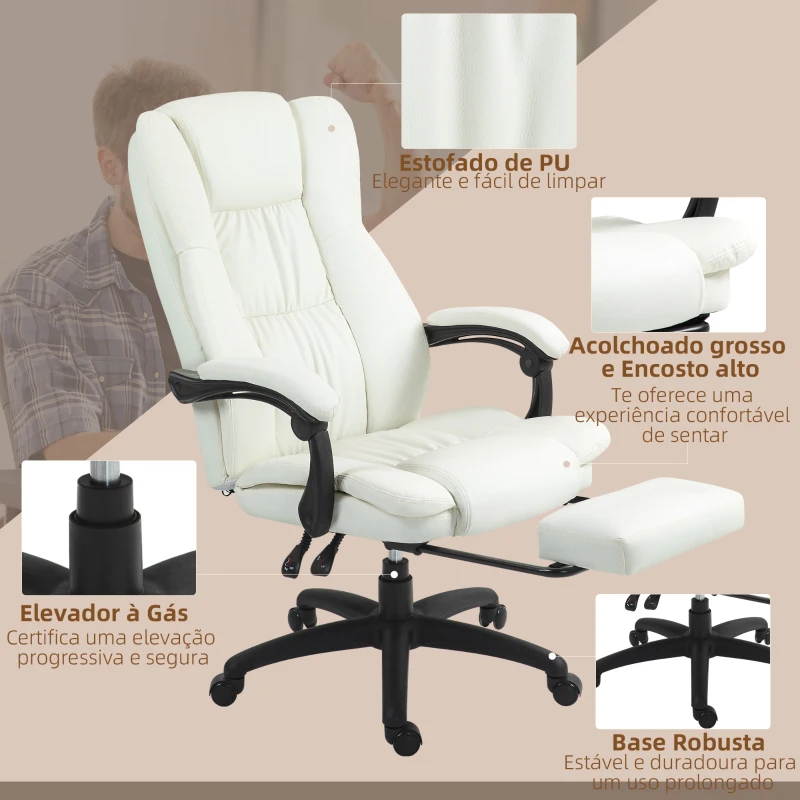 Vinsetto Cadeira de Escritório com Altura Ajustável 6 Pontos de Massagem e Apoio para os Pés Retrátil 68,5x68,5x113-121 cm Creme