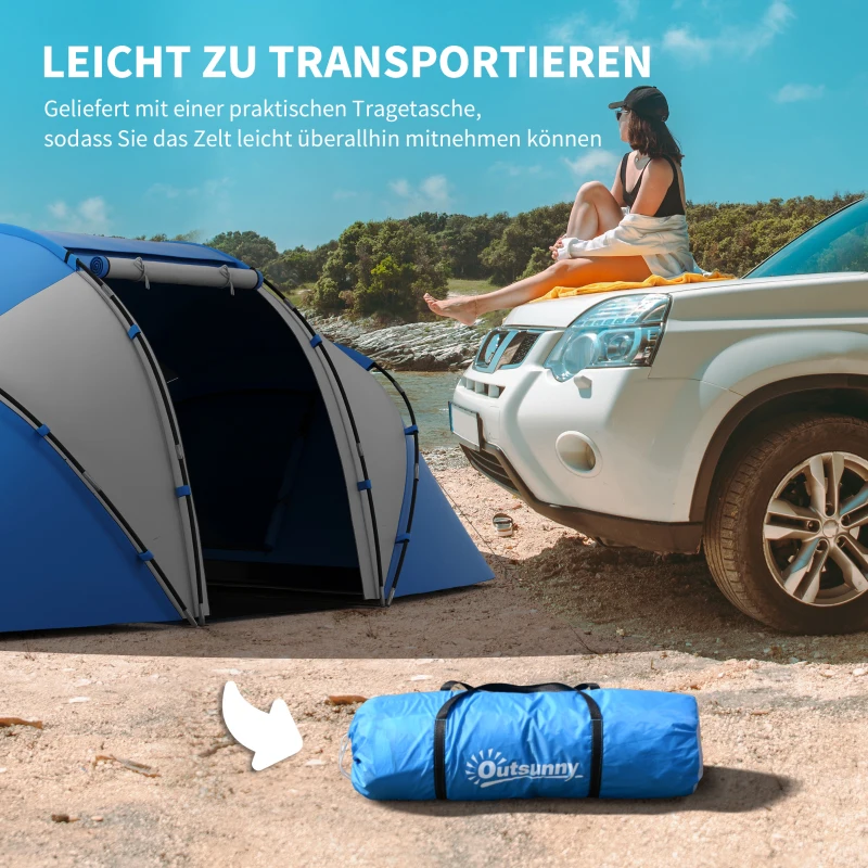 Outsunny kampeertent 4 Personen Familie Met Slaapcabines Ruime Voor Groepen Tunneltent, Blauw