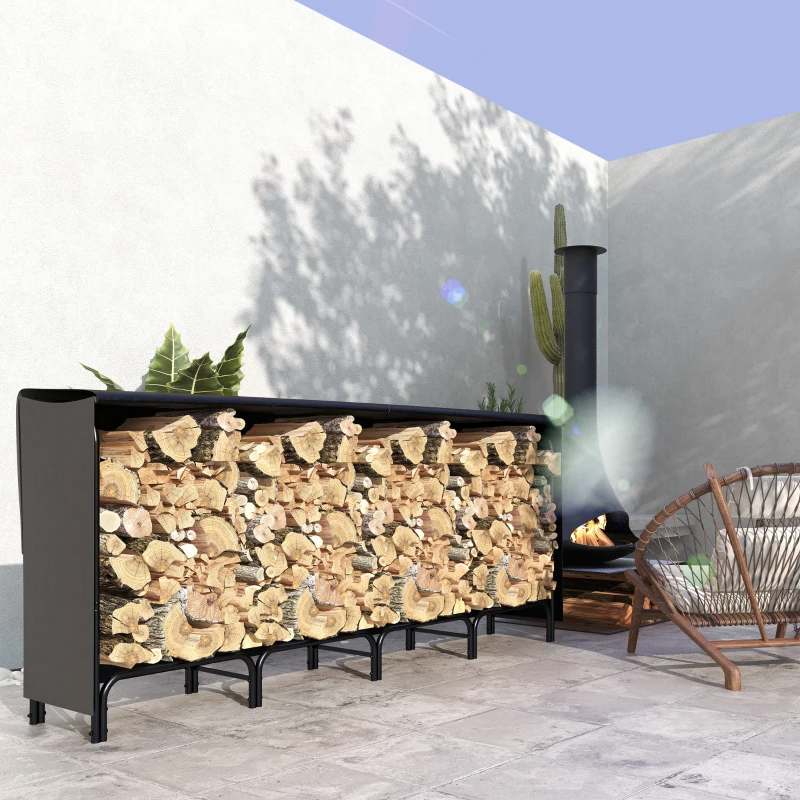 Outsunny Haardhoutrek, 0,67 m³, met Draagtas & Beschermhoes, Metalen Frame, tot 200 kg, 240 x 36 x 99 cm, Zwart