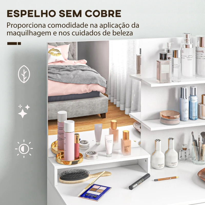HOMCOM Toucador de Maquilhagem com Banco Mesa de Maquilhagem com Espelho Prateleiras e Gaveta 80x40x132 cm Branco e Bege