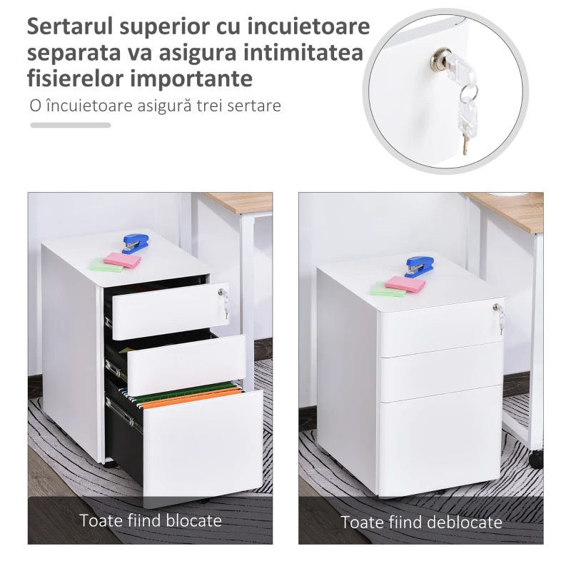 Vinsetto Fiset de Birou 3 Sertare si Incuietoare Serratura, Fiset pentru Birou cu Roti din Otel, 39x48x59cm, Alb