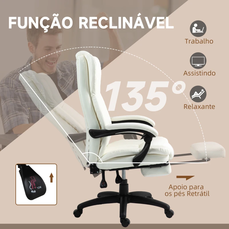 Vinsetto Cadeira de Escritório com Altura Ajustável 6 Pontos de Massagem e Apoio para os Pés Retrátil 68,5x68,5x113-121 cm Creme