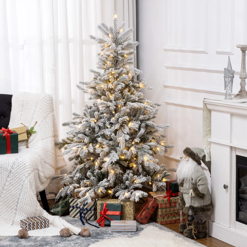 HOMCOM 6ft Bushy Snow-Flocked Artificial Christmas Tree, with LED Lights