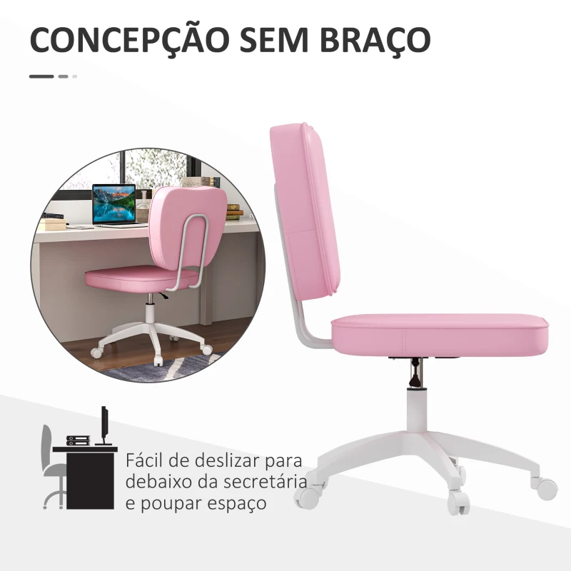 Vinsetto Cadeira de Escritório Estofada em PU com Altura Ajustável Sem Braços Cadeira de Estudo Dormitório 46x59x82-92 cm Rosa