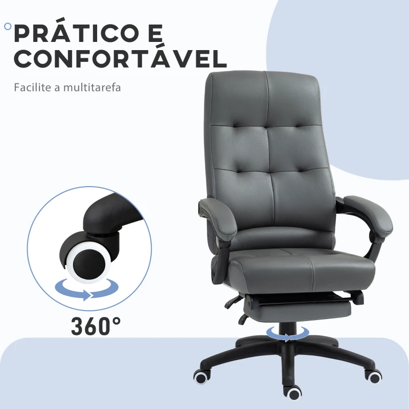 Vinsetto Cadeira de Escritório Ergonómica Giratória Reclinável Estofada em PU com Altura Ajustável 65x65x118-125 cm Cinza Escuro