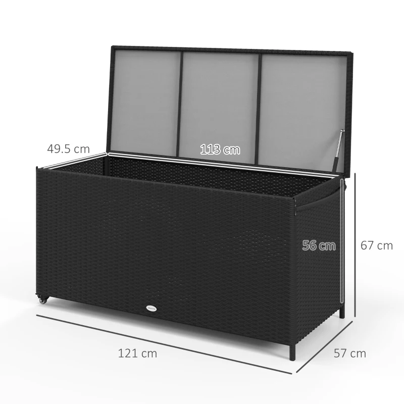 Outsunny Cutie de Depozitare pentru Exterior cu Roți, Bară Pneumatică de Ridicare și Mâner Lateral, 121x57x67 cm, Negru