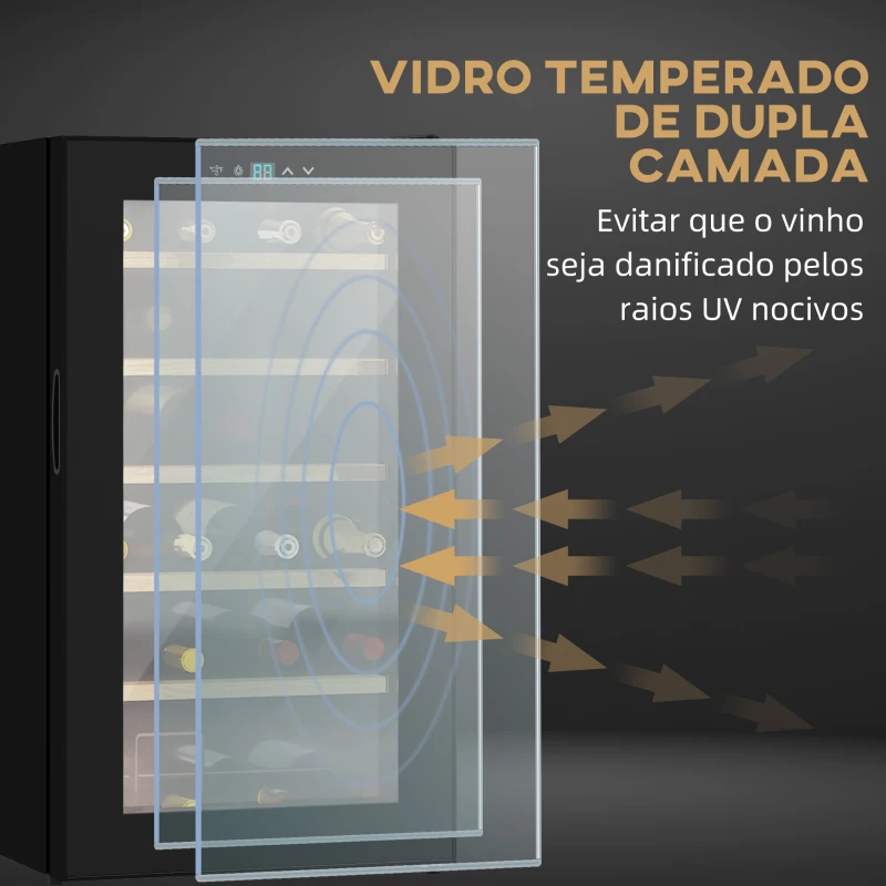 HOMCOM Cave de Vinho para 24 Garrafas 65L com Luz LED Interior Ecrã Tátil Digital Contolo de Temperatura Porta de Vidro e 5 Prateleiras Preto