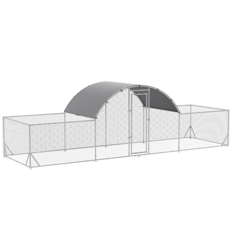 PawHut Cotet de Gaini pentru Gradina pentru 12-14 Gaini, din Otel Zincat si PE cu Copertina si Incuietoare, 600x190x195 cm, Gri Argintiu(m-12)