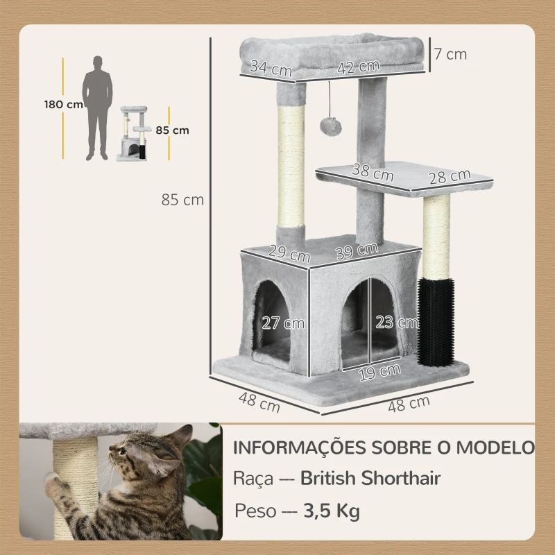 PawHut Arranhador para Gatos Médios com Casa Plataforma Bola Brinquedo Arranhador e Postes de Sisal 48x48x85 cm Cinza