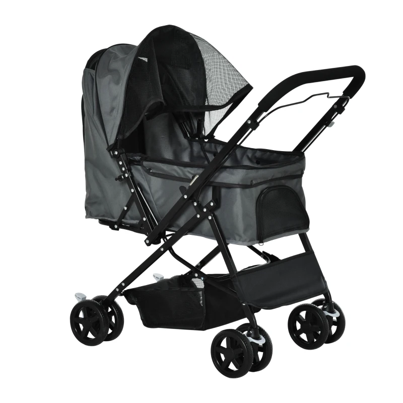 PawHut Hundebuggy Hundewagen bis 10 kg Klappbar Netzfenster Ablagekorb verstellbares Vordach Dunkelgrau 76,5 x 52 x 95 cm