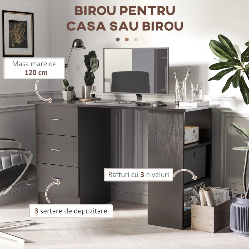 HOMCOM Birou de Modern cu 3 Sertare si Raft de Depozitare, Negru(m-4)