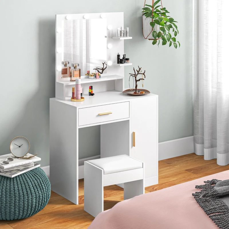 HOMCOM Toucador de Maquilhagem com Banco Mesa de Maquilhagem com Espelho LED Gavetas Prateleira Ajustável e Prateleiras Abertas Branco