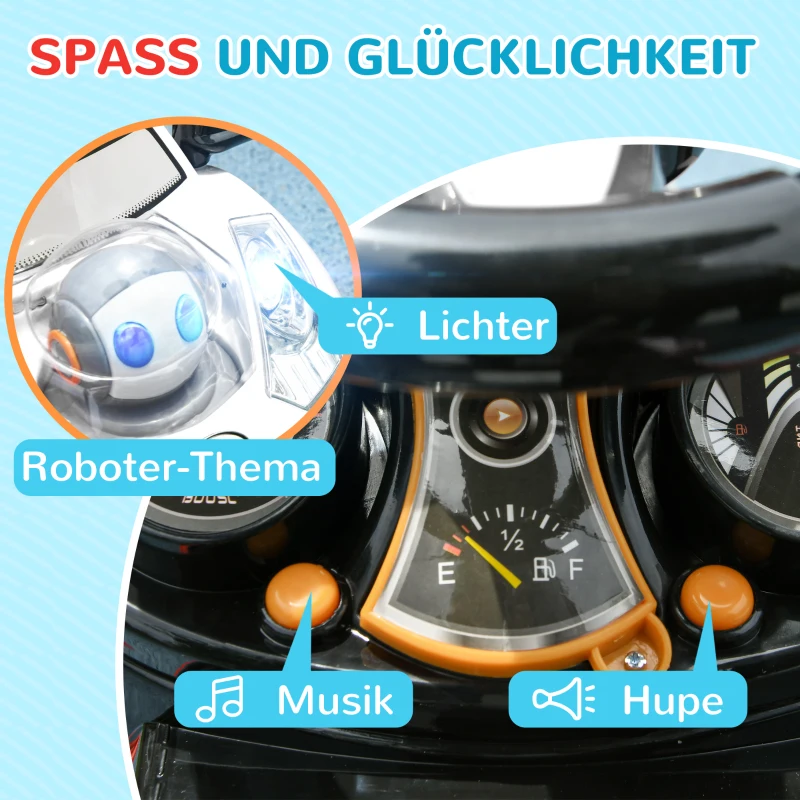 AIYAPLAY 2-in-1 Loopauto, Afneembaar Zonnedak, Lichtjes, Muziek, Toeter, Kunststof en Metaal, 96 x 39 x 90 cm, Wit/Zwart