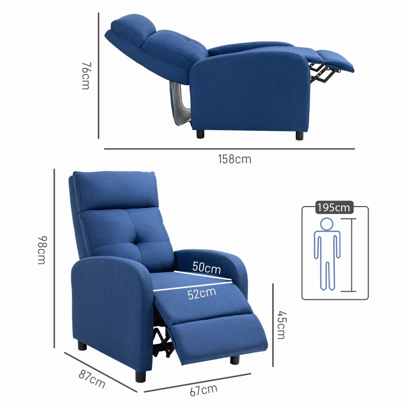 HOMCOM Poltrona Relax Reclinável até 155° Poltrona Reclinável Manual para Pessoas com Altura Inferior 195 cm 67x87x98 cm Azul Escuro