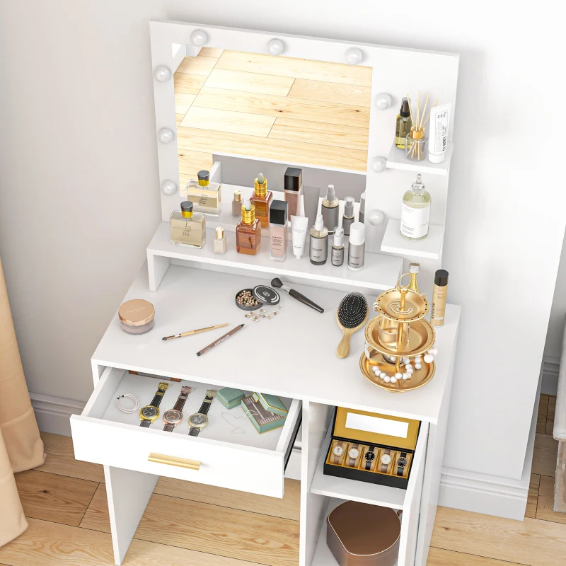 HOMCOM Toucador de Maquilhagem com Banco Mesa de Maquilhagem com Espelho LED Gavetas Prateleira Ajustável e Prateleiras Abertas Branco
