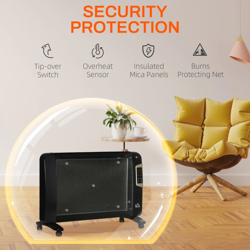 HOMCOM Mica Electric Space Heater, Portable Heater for Home with 2 Heat Settings, Living Room, Study, Garage, Adjustable Temperature 18-30°C, 1000W/2000W, Black