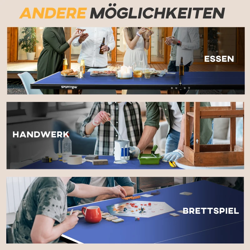 SPORTNOW Opvouwbare Tafeltennistafel, 8 Wielen, Poedergecoat Staalframe, MDF, 274 x 152,5 x 76 cm, Blauw