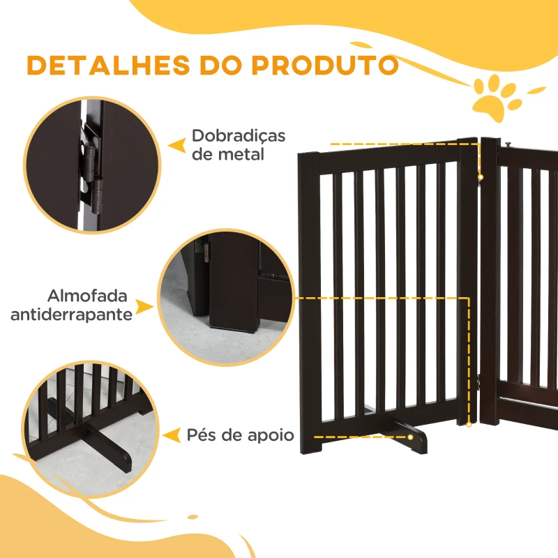 PawHut Barreira para Cães de Madeira Barreira para Animais de Estimação Dobrável de 3 Painéis com 1 Porta e Pés de Apoio 155x35,5x76 cm Marrom Escuro