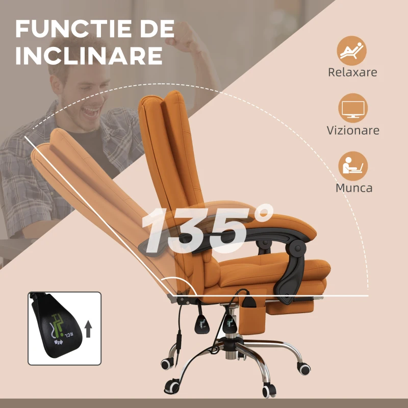 Vinsetto Scaun de Birou Masaj cu Vibratii Caldura Scaun de Calculator Suport pentru Picioare Cotiera Spatar Rabatabil Maro Deschis Pentru scoala computer mobila de studiu ergonomic pentru birou munca modern contemporan dormitor ergonomic cu masaj(m-6)