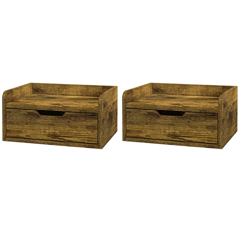 HOMCOM Floating Nightstand Set of 2 Wall Mounted Bedside Table with Storage Drawer for Bedroom, Rustic Brown