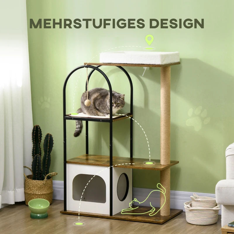 PawHut Krabpaal, 4 Niveaus, Kattenhuis, Speelbal, Kipbescherming, 80x40x118,5 cm, Bruin/Wit