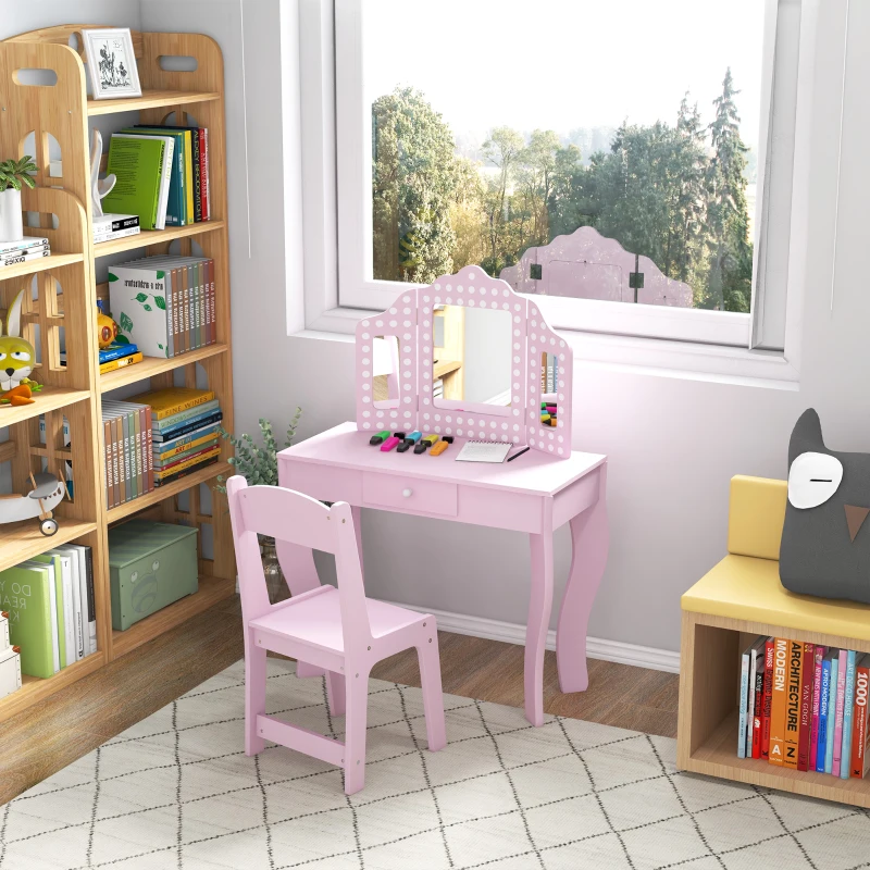 AIYAPLAY Kids Dressing Table Sets with Stool and Tri-Fold Mirror, Drawer for Playroom, Bedroom - Pink