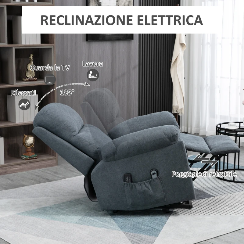 HOMCOM Poltrona Alzapersona Reclinabile fino a 135° con 8 Punti Massaggianti, Telecomando e Poggiapiedi 89x99x103 cm, Grigio