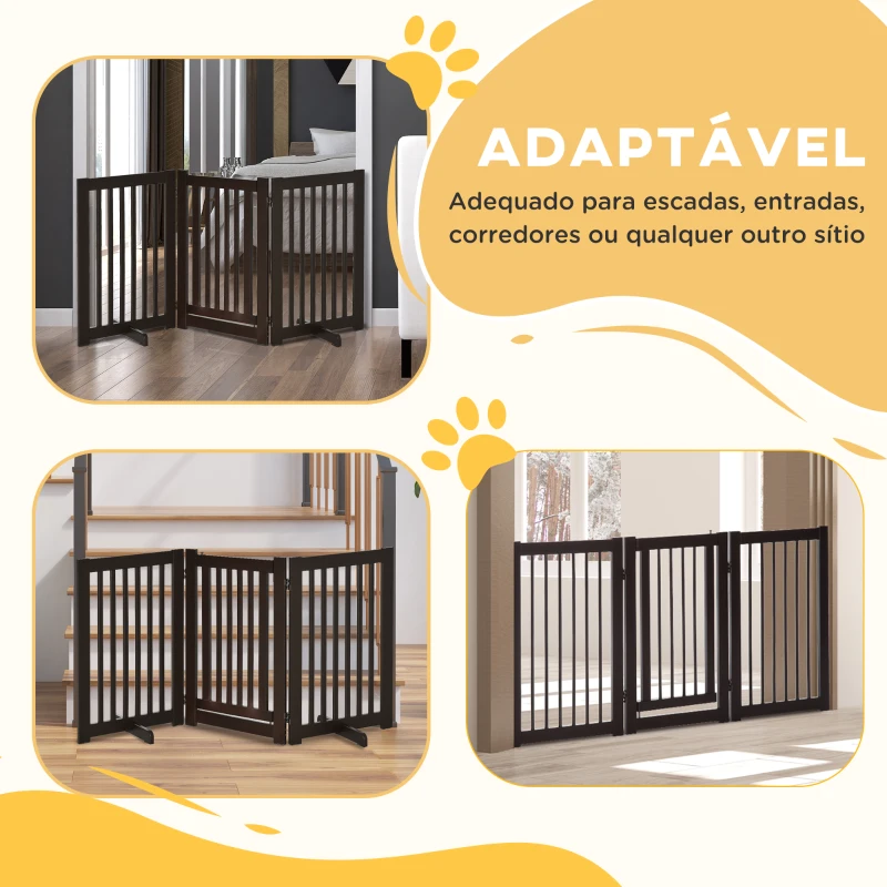 PawHut Barreira para Cães de Madeira Barreira para Animais de Estimação Dobrável de 3 Painéis com 1 Porta e Pés de Apoio 155x35,5x76 cm Marrom Escuro