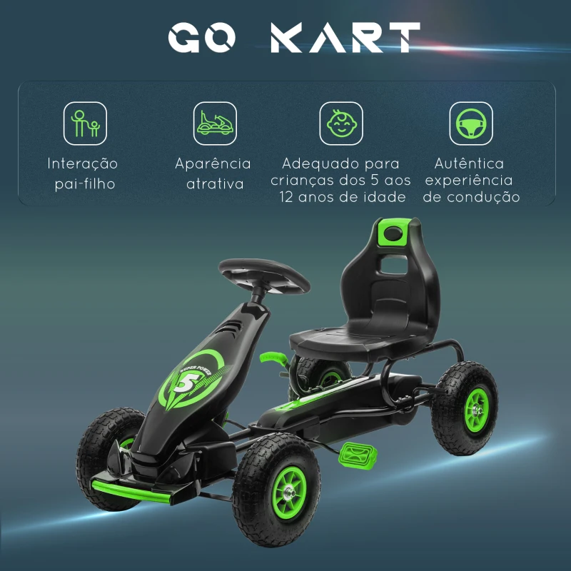 HOMCOM Kart a Pedais para Crianças 5-12 Anos com Assento Ajustável Pneus Insufláveis Amortecimento e Travão de Mão 121x58x61 cm Verde