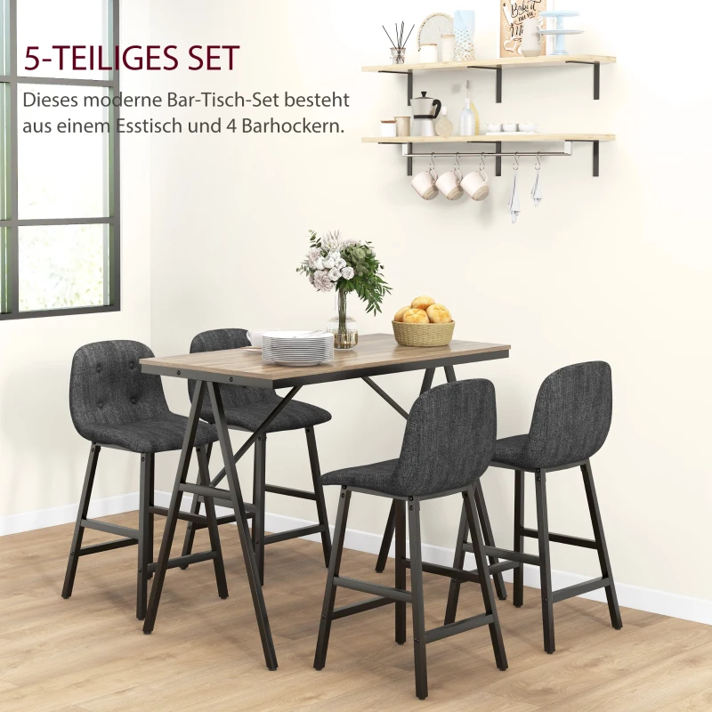 HOMCOM 5-delige Bargarnituur, Tafel en 4 Stoelen, Knoopafwerking, Dikke Bekleding, Linnenlook, Donkergrijs(m-4)