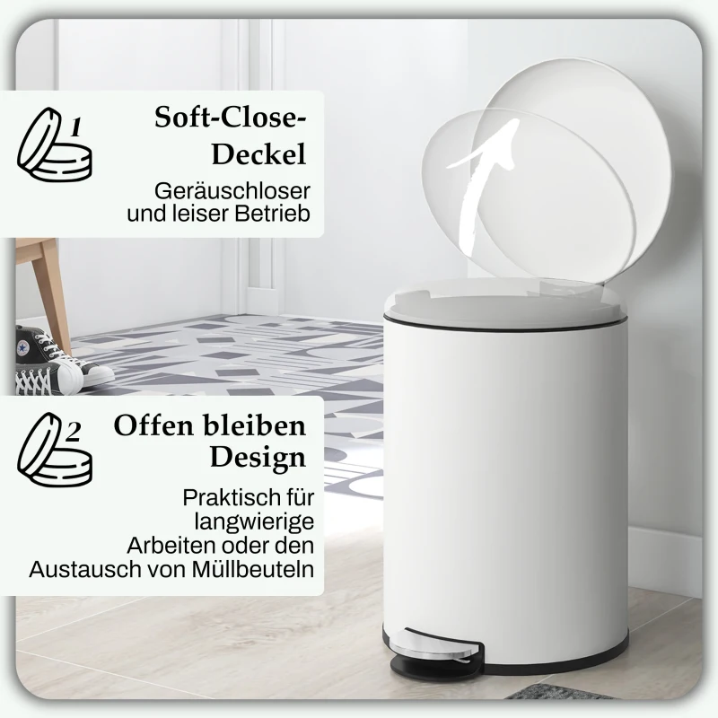 HOMCOM Prullenbak 20L, met Pedal, Binnenemmer, vingerafdrukvrij, Stil Sluiten, Crèmewit