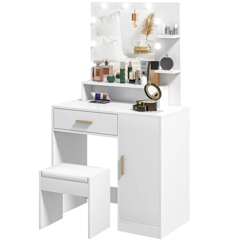 HOMCOM Toucador de Maquilhagem com Banco Mesa de Maquilhagem com Espelho LED Gavetas Prateleira Ajustável e Prateleiras Abertas Branco